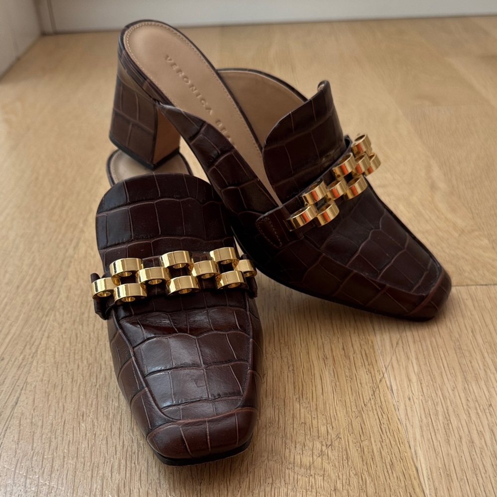 Veronica Beard Dark Brown Croc Mules with Gold Accent